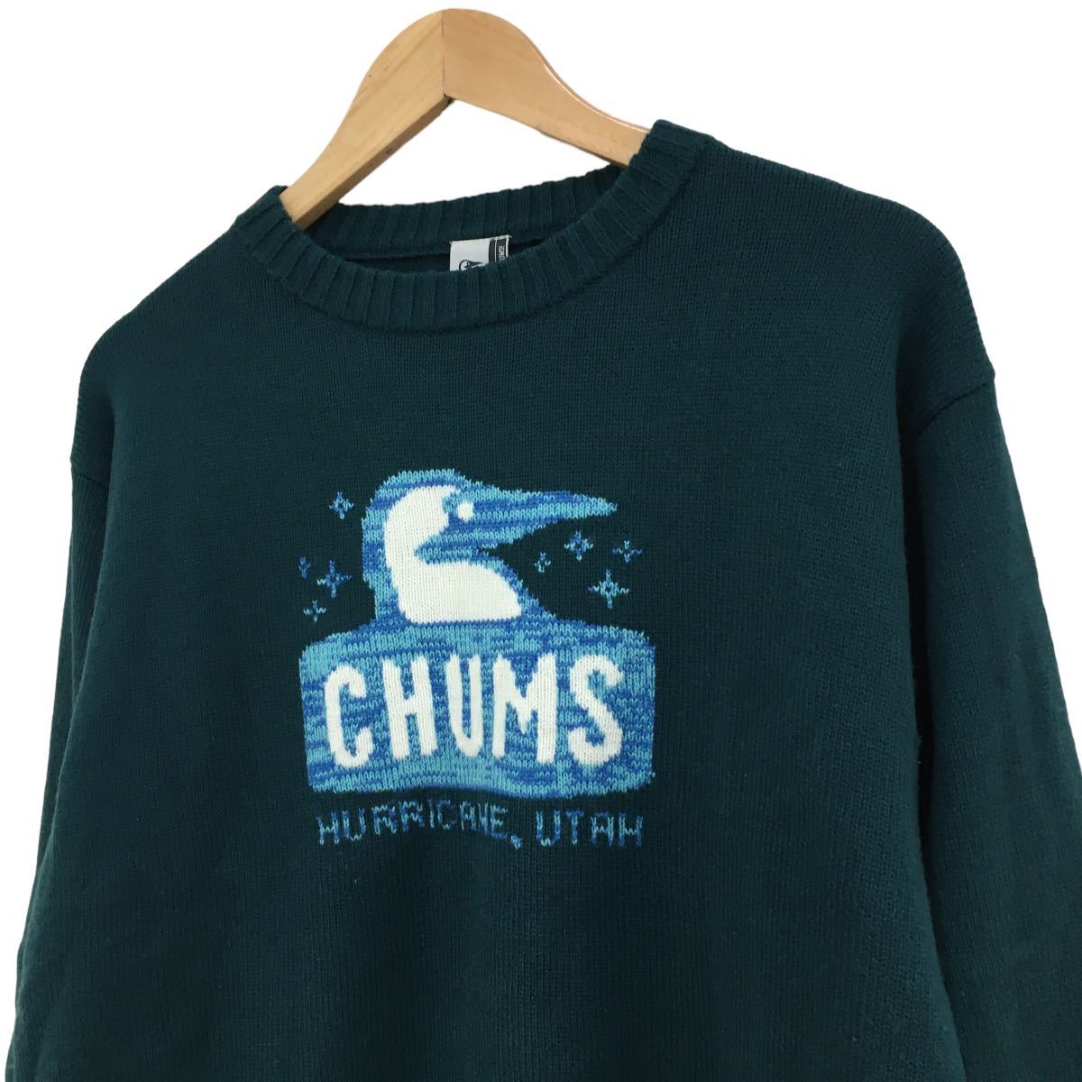 C302 CHUMS チャムス デカロゴ デザイン ニット セーター プルオーバー トップス メンズ M グリーン 緑 の画像3
