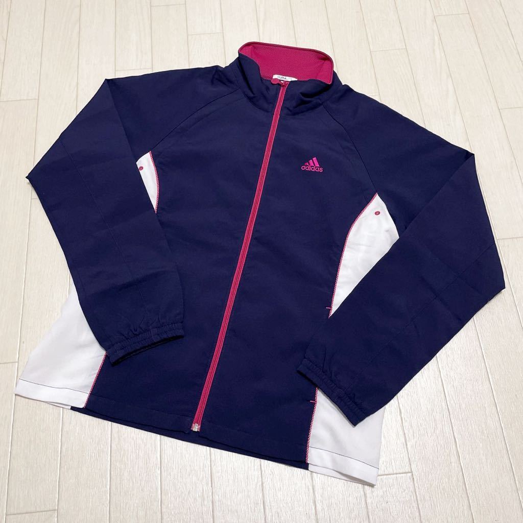 和85★ adidas CLIMALITE アディダス ジャージ ジップアップブルゾン スポーツウェア L レディース ネイビー ホワイトの画像1