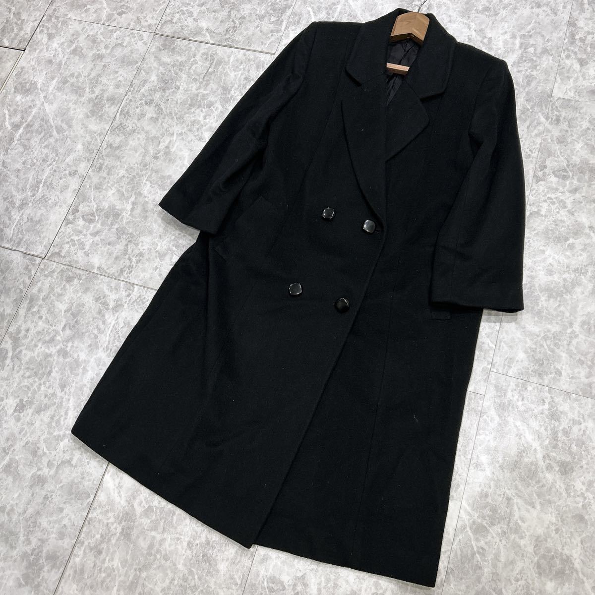 S @ 美品 '極上CASHMERE100%' 最高峰 カシミヤ WOOL メルトンウール ダブル ロングコート 上着 レディース 婦人服 アウター BLACK 黒系_画像1