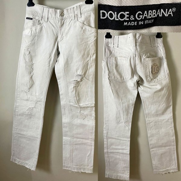 ★【送料無料】イタリア製 USED品 DOLCE&GABBANA ドルチェ＆ガッバーナ 14 クラッシュ加工 ホワイト デニム クラッシュ パンツ ジーンズ 44