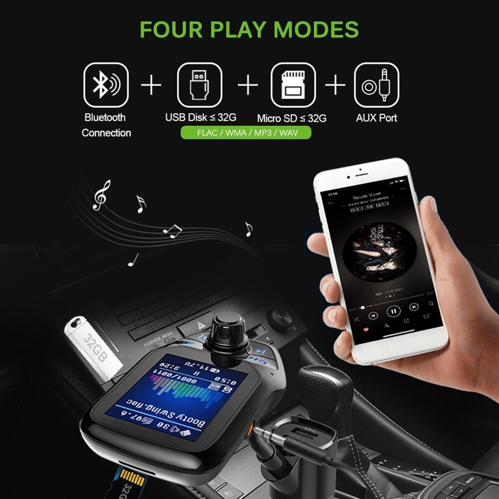 FM transmitter bluetooth5.0+EDR automobile in-vehicle USB sudden speed charge large screen music reproduction hands free black / black 