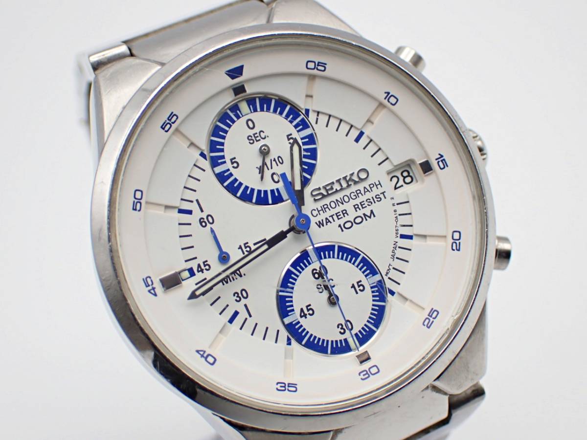 １円～★稼働品★SEIKO セイコー V857-0A10 クロノグラフ 100M QZ 白文字盤 メンズ腕時計 N3108-2200③_画像2
