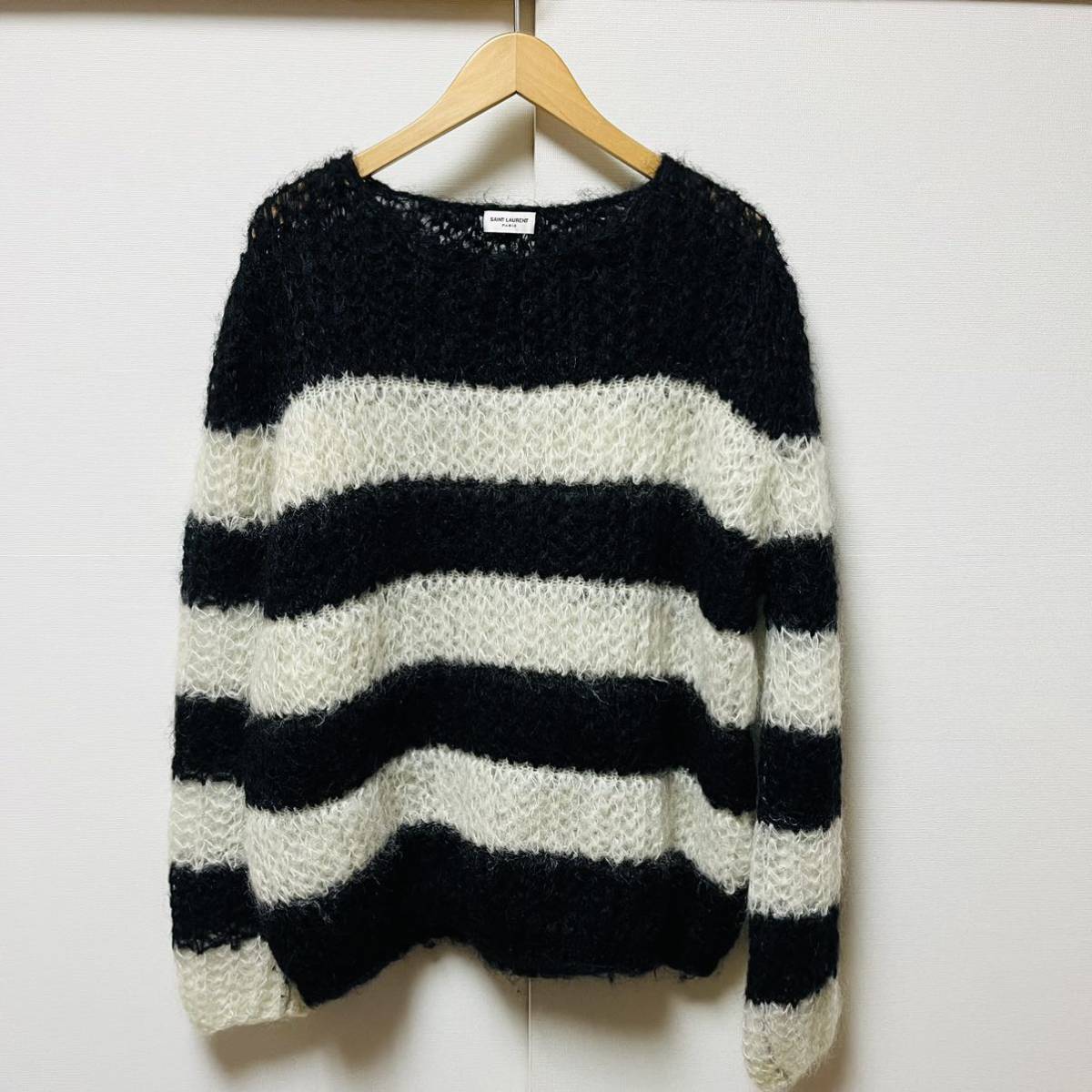 SAINT LAURENT PARIS sun rolan Paris size S Eddie abrasion man 13AW oversize mo hair border knitted white black sweater 