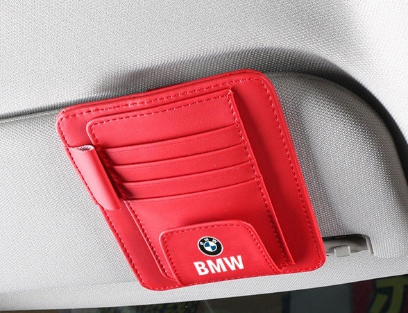 BMW 車用 サンバイザーポケット サンバイザーケース 収納ホルダー スマホ サングラス カード 小物入れ メガネ収納 レッド_画像1