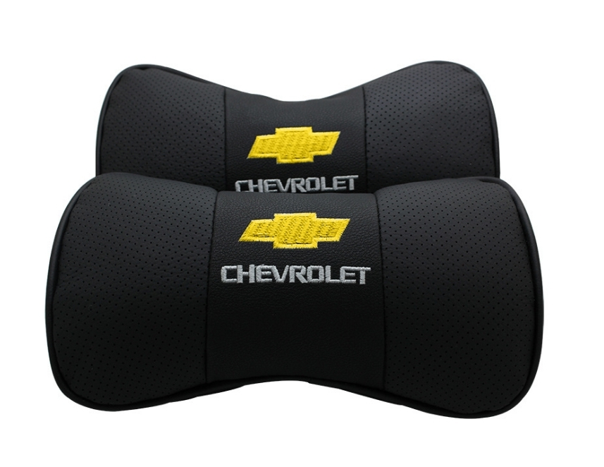 シボレー CHEVROLET 車用ネックパッド 首クッション 2個セット ヘッドレスト ネックピロー ドライブ レザー 刺繍ロゴ ブラック_画像1