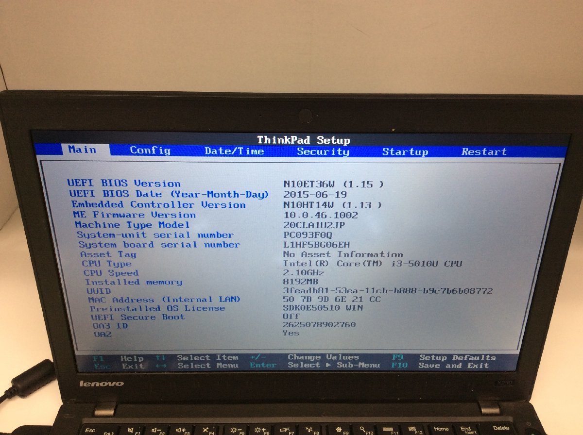 ジャンク/ LENOVO 20CLA1U2JP ThinkPad X250 Intel Core i3-5010U メモリ8.19GB HDD500.1GB 【G15247】_液晶にムラとシミが多数あります