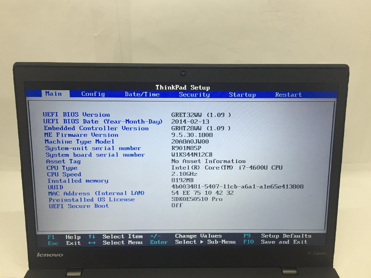 ジャンク/ LENOVO 20A8A0JW00 ThinkPad X1 Carbon 2nd Intel Core i7-4600U メモリ8.19GB ストレージ無し 【G13573】_写真では分かりにくい液晶ムラがあります