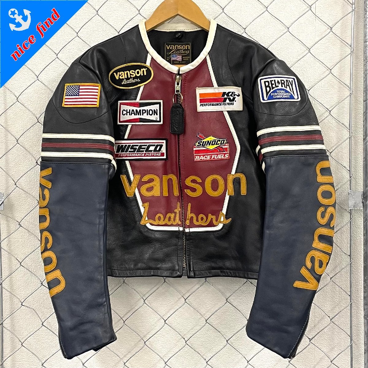 ◆バンソン VANSON◆ライダースジャケット レザージャケット 革ジャン ブラック レザー メンズ アウター サイズ38 シングル USA ワッペン_画像1