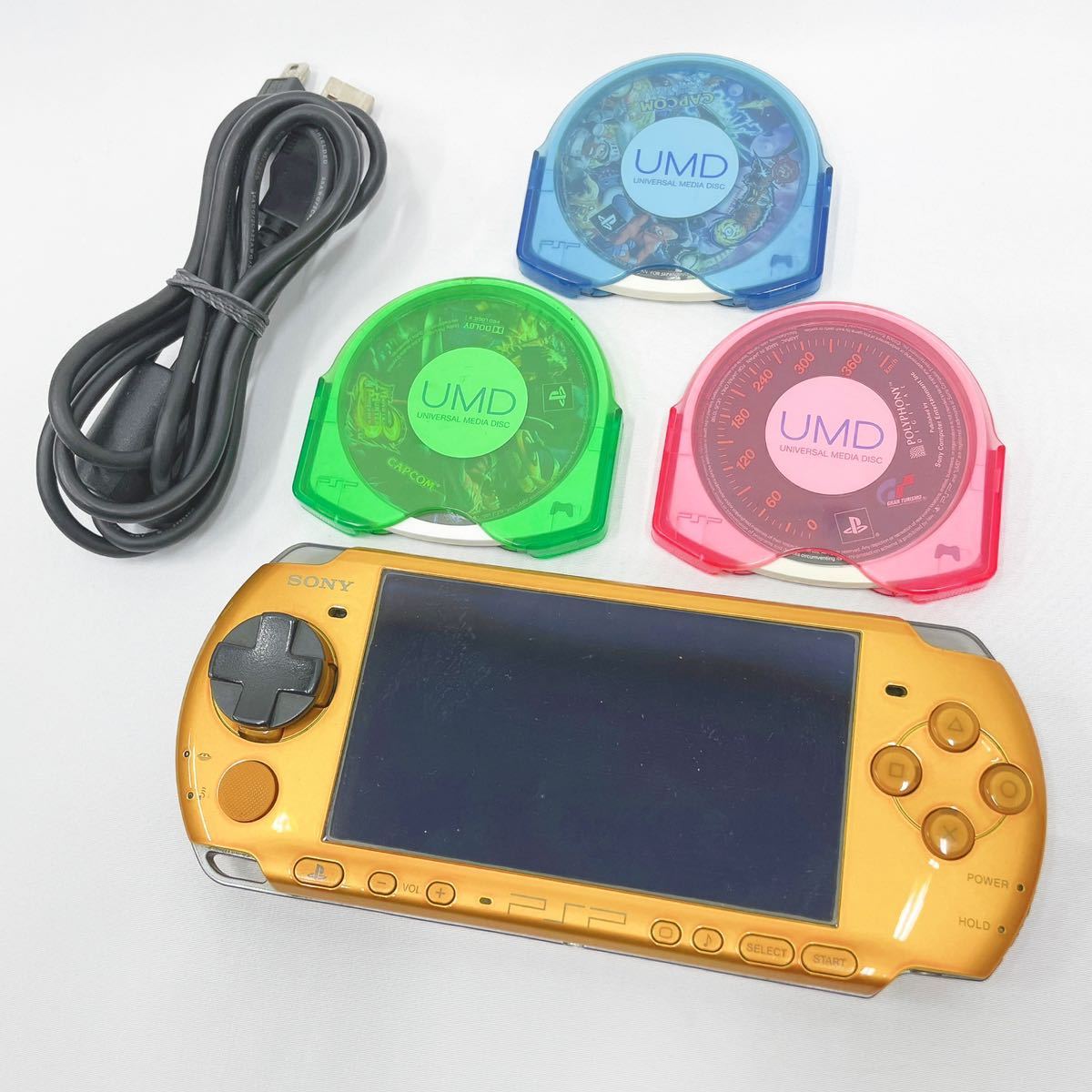 SONY ソニー PSP3000 プレイステーションポータブル ブライトイエロー ソフト3点 ケーブル セット R尼1006○_画像1