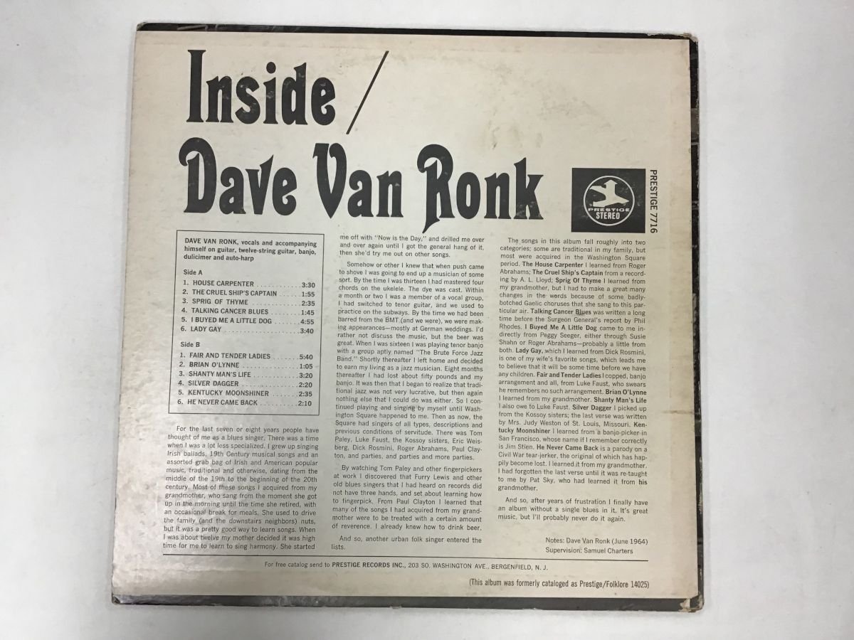 LP / DAVE VAN RONK / INSIDE DAVE VAN RONK / US盤 [7548RQ]_画像2