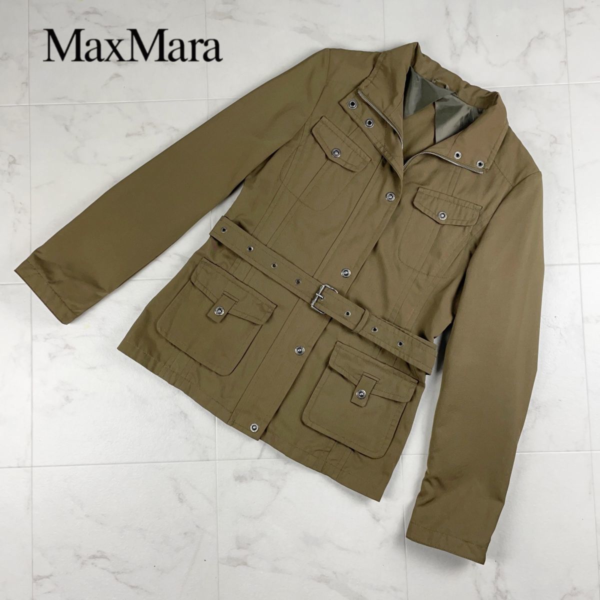 美品 Weekend Max Mara ウィークエンド マックスマーラ ミリタリー風ベルテッドジャケット レディース カーキ サイズ40*JC921_画像1