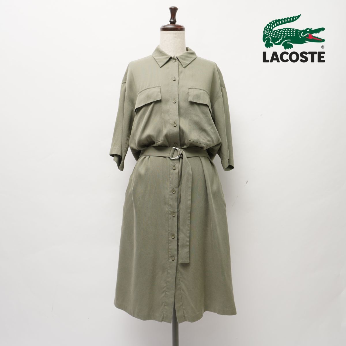 美品 LACOSTE ラコステ ベルト付き ピケシャツドレス 半袖ポロワンピース 腰開きデザイン レディース カーキ サイズ34*JC474_画像3