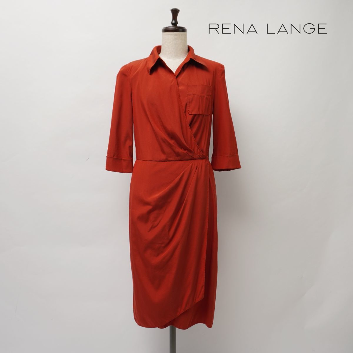 【気質アップ】 LANGE RENA 美品 レナランゲ サイズS*JC497 レッド 赤 レディース 七分袖 襟付きラップワンピース Sサイズ
