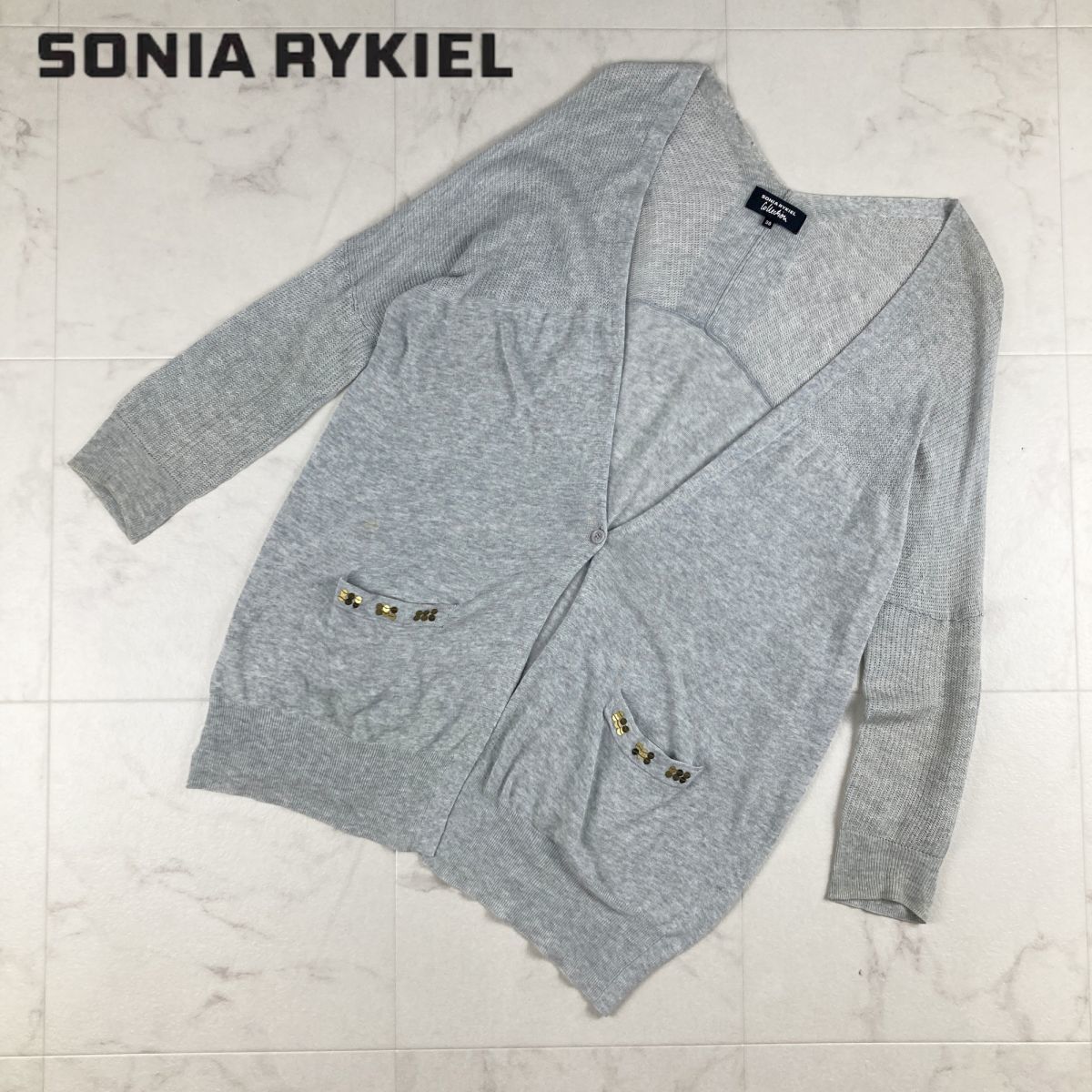 SONIA RYKIEL ソニア リキエル スパンコール 七分袖カーディガン 薄手 レディース トップス グレー サイズ38*IC22_画像1