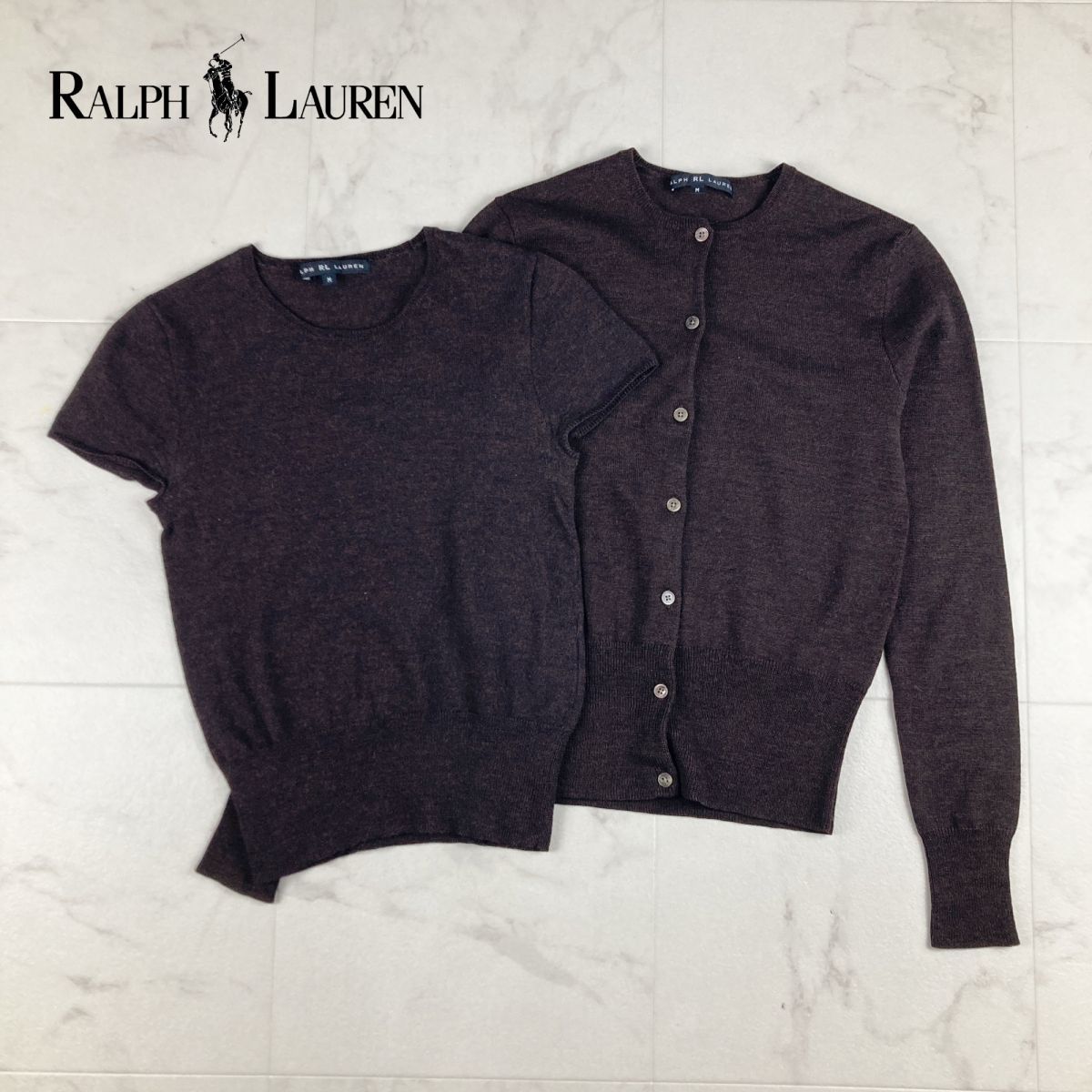  прекрасный товар RALPH RL LAUREN Ralph Lauren ансамбль вязаный шерсть 100% трикотаж с коротким рукавом кардиган женский чай цвет размер M*IC23