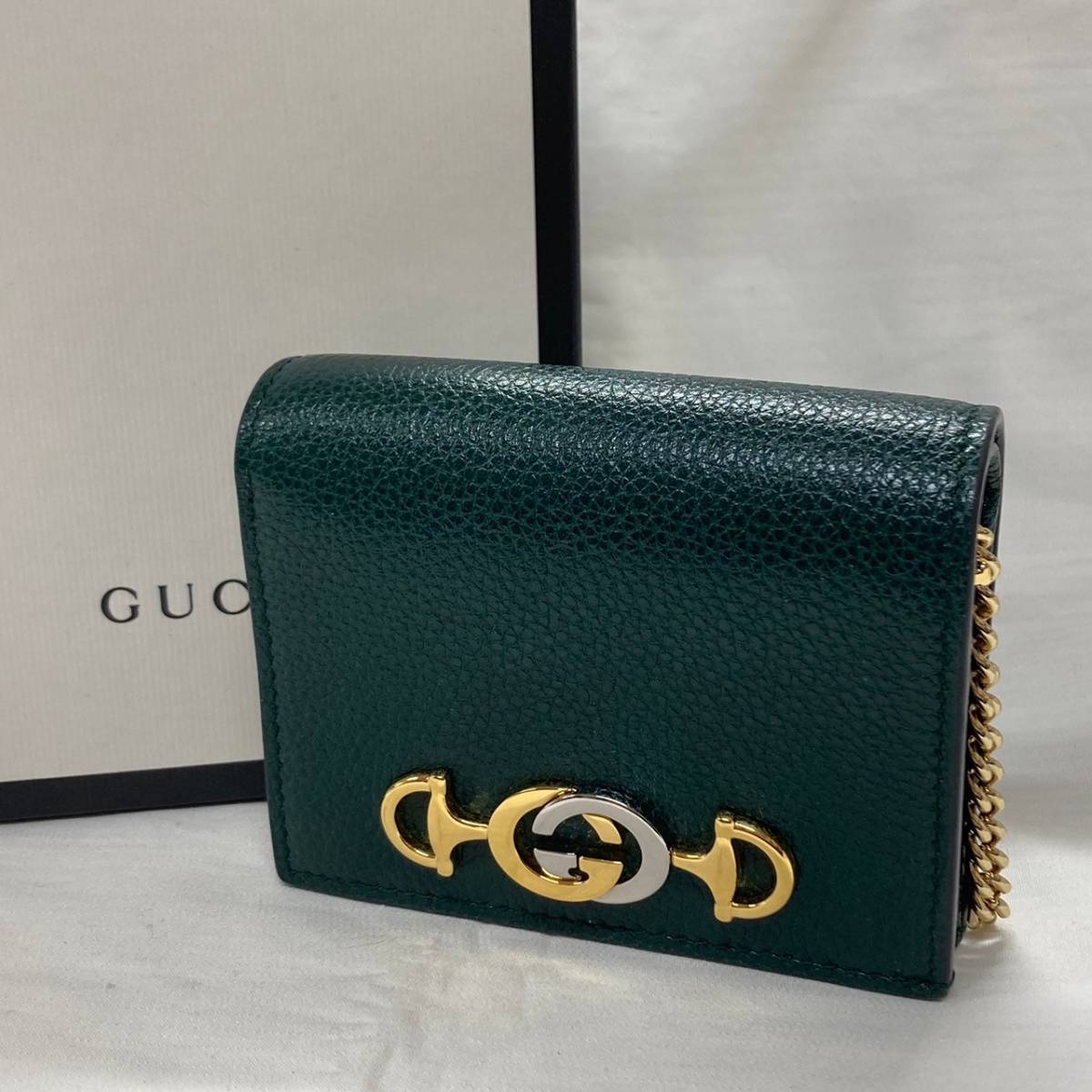 3864-2　GUCCI　グッチ　ズゥミ　二つ折り財布　ウォレット　グリーン系　化粧箱_画像1