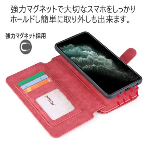 (Q86) iPhone12ProMax スマホ ケース カバー スタンド レザー 手帳型 耐衝撃 マグネット アイフォン 財布 レッド 2_画像5