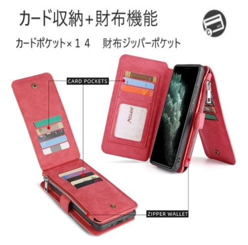 (Q86) iPhone12ProMax スマホ ケース カバー スタンド レザー 手帳型 耐衝撃 マグネット アイフォン 財布 レッド 2_画像3