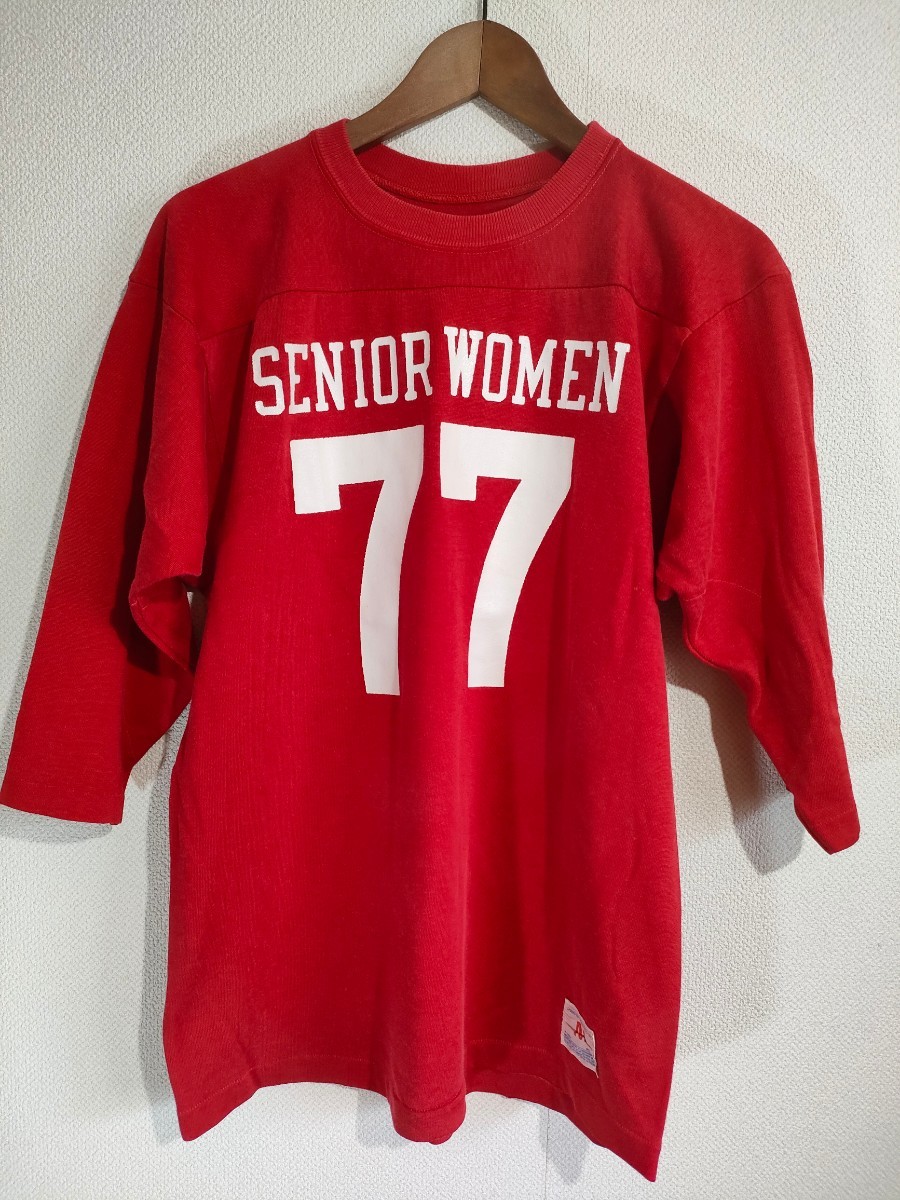 70s チャンピオン フットボールTシャツM 赤 コットンレーヨン USA製