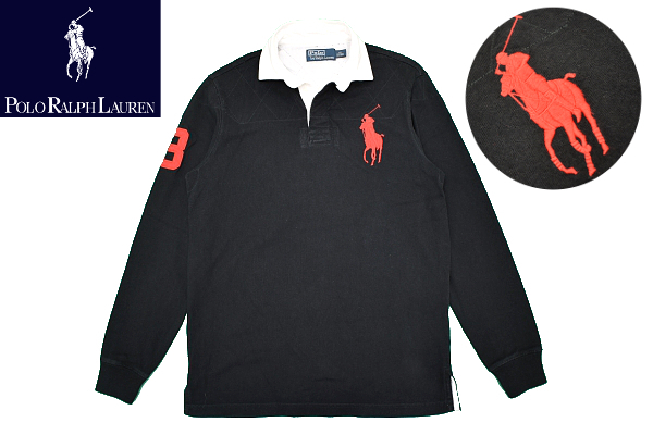 Y-6891★Polo by Ralph Lauren ポロ ラルフローレン★正規品 黒 ナンバリング 立体３Dビックポニーロゴ刺繍 長袖 ラガーシャツ XS _画像1