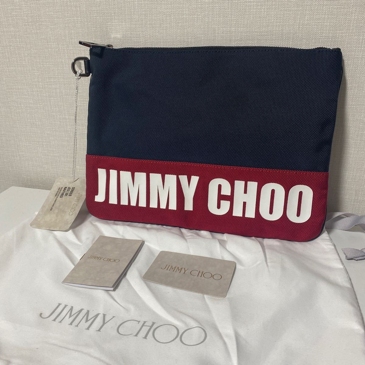★送料無料★新品★正規品★JIMMY CHOO(ジミーチュウ)/クラッチバッグ/ロゴ/ナイロン/ネイビー×レッド/DEREK