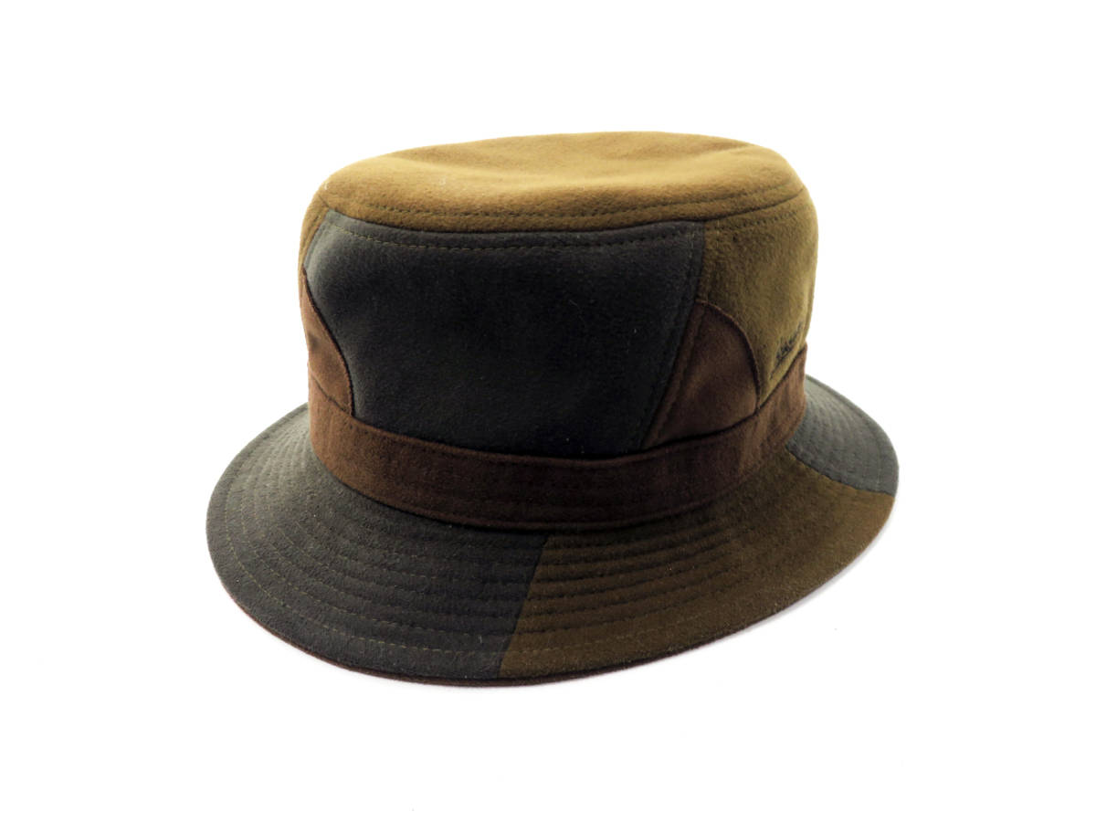 13181 美品 Borsalino ボルサリーノ ロゴ刺繍入 フリース フェルト パッチワーク バケット ハット 帽子 S 55 茶系 メンズ レディース 兼用_画像1