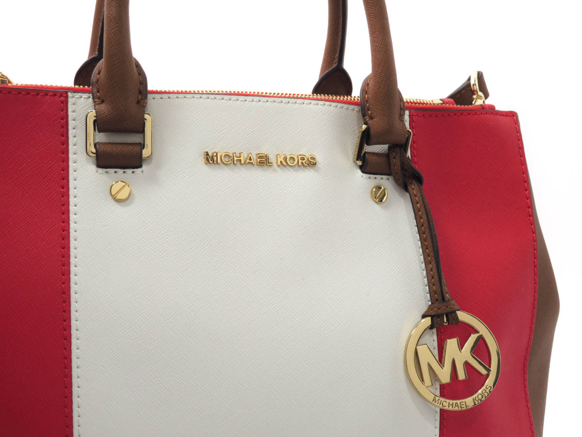 13215 美品 MICHAEL KORS マイケルコース トリプルカラー サフィアーノ レザー 2WAY サッチェルバッグ 肩掛け トートバッグ 白×橙色×茶_画像2