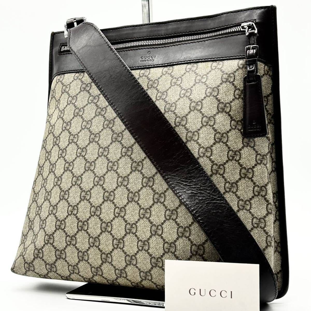 1円●高級●GUCCI グッチ GGスプリーム ショルダーバッグ メッセンジャー サコッシュ 鞄 GG柄 レザー PVC 斜め掛け可 メンズ 茶 ブラウン_画像1