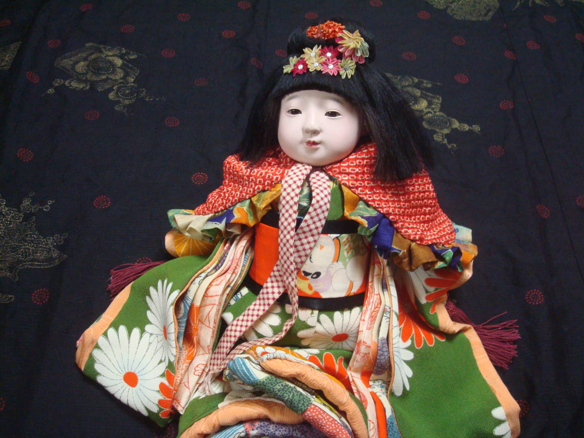 市松さんビスクさん創作人形さんに・8～9号・アンテーク縮緬菊お着物セット・涎掛け付・”残菊”_涎はケープにもなります。