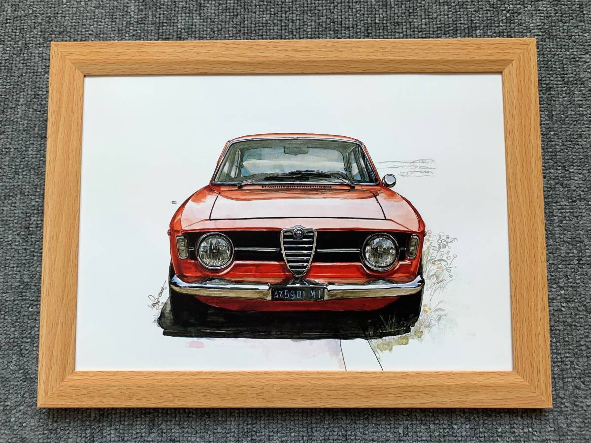 ■BOW。池田和弘『Alfa Romeo1300 junior』B5サイズ 額入り 貴重イラスト 印刷物 ポスター風デザイン 額装品 アートフレーム 旧車の画像1