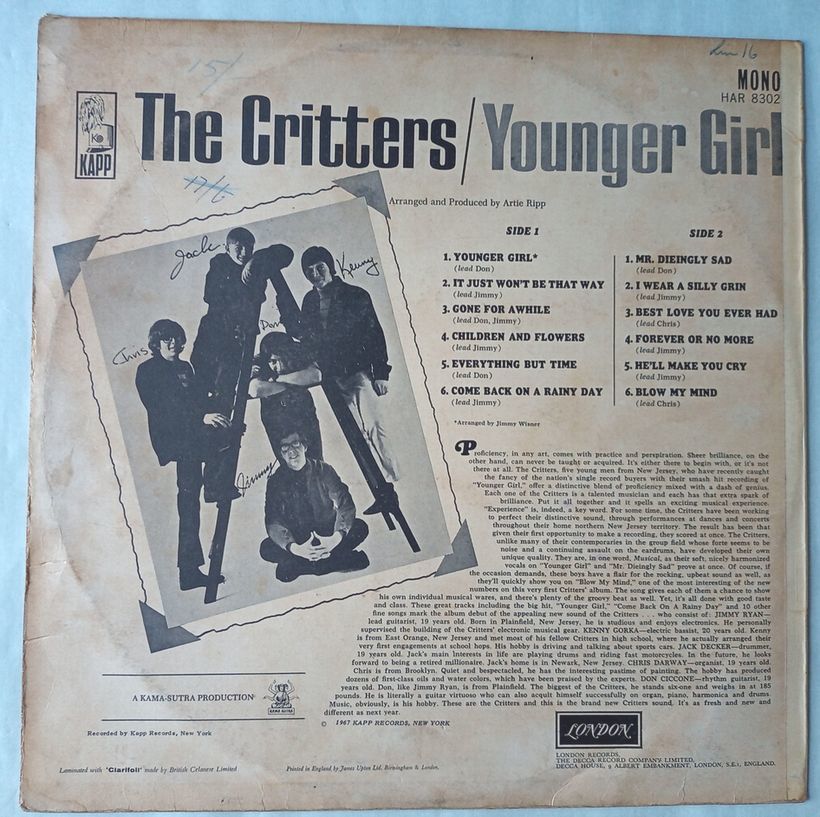 The Critters クリッターズ - Younger Girl - 1967 UKオリジナル モノ LP - HAR 8302 - ソフトロック名盤_画像2