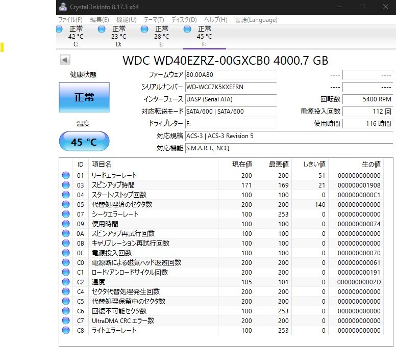 Western Digital WD Blue 4TB SATA 3.5インチ 内蔵 HDD 6Gb/s 5400rpm WD40EZRZ-00GXCB0 使用時間：116時間 電源投入回数：112回_画像5