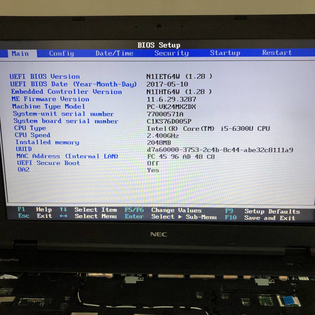 【BIOS起動】ジャンク NEC VersaPro PC-VK24MXZDX CPU 第6世代 Core i5-6300U メモリ2GB HDD SSDなし 中古 PC ノートパソコン 基盤 部品_画像2