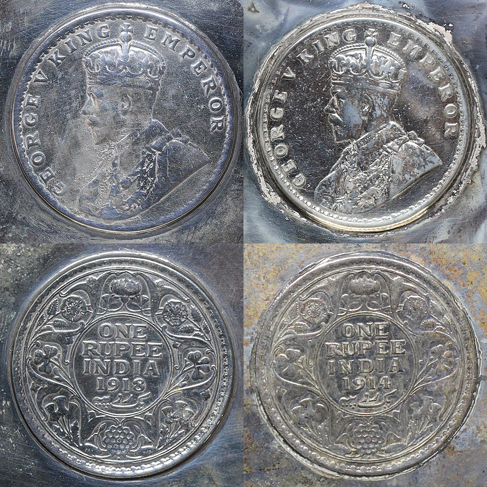 ★ SILVER 銀製小皿 6枚 全重さ305g / 英領インド ルピーコイン付_画像3