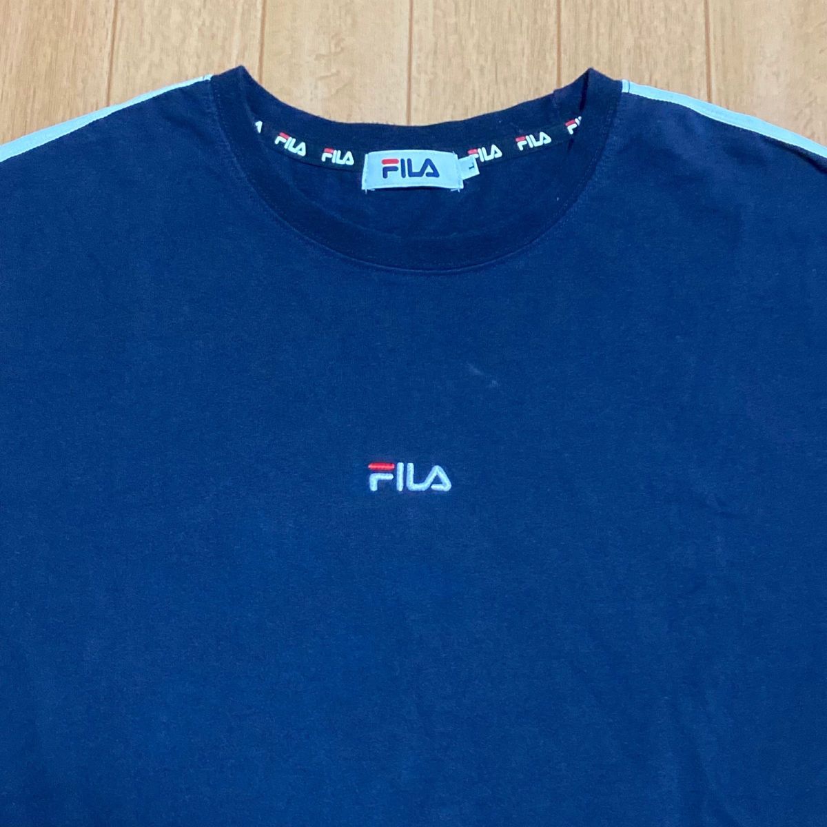 FILA Tシャツ ロゴ ライン サイドライン ネイビー 刺繍 L サイズ 人気 スポーツ アメカジ 半袖 大きいサイズ ウエア