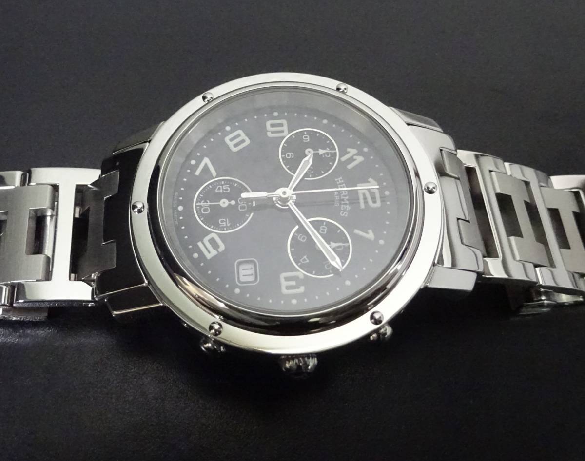 2023年11月外装仕上済 HERMES エルメス クリッパー クロノグラフ CL1.910 黒文字盤 38mm メンズサイズ 本物_画像5