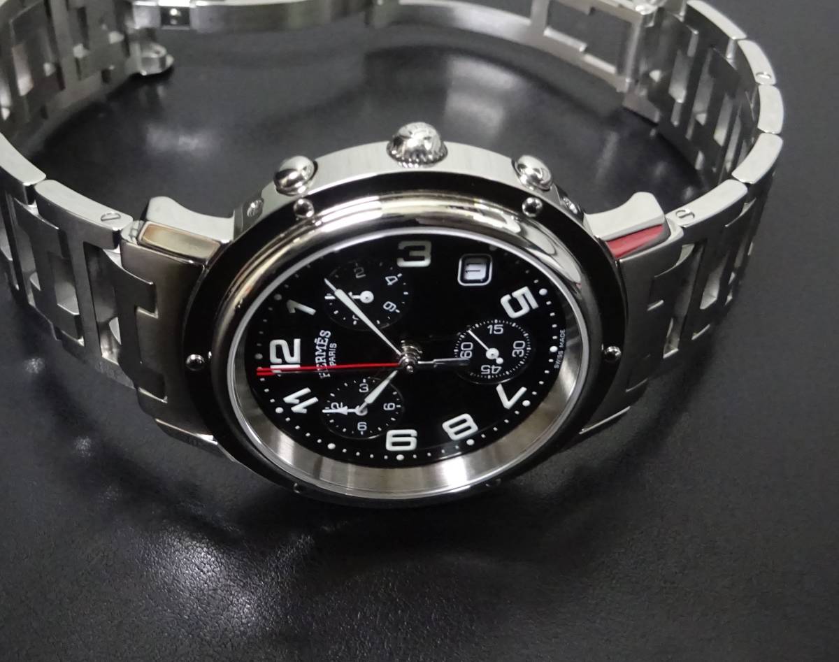 2023年11月外装仕上済 HERMES エルメス クリッパー クロノグラフ CL1.910 黒文字盤 38mm メンズサイズ 本物_画像4