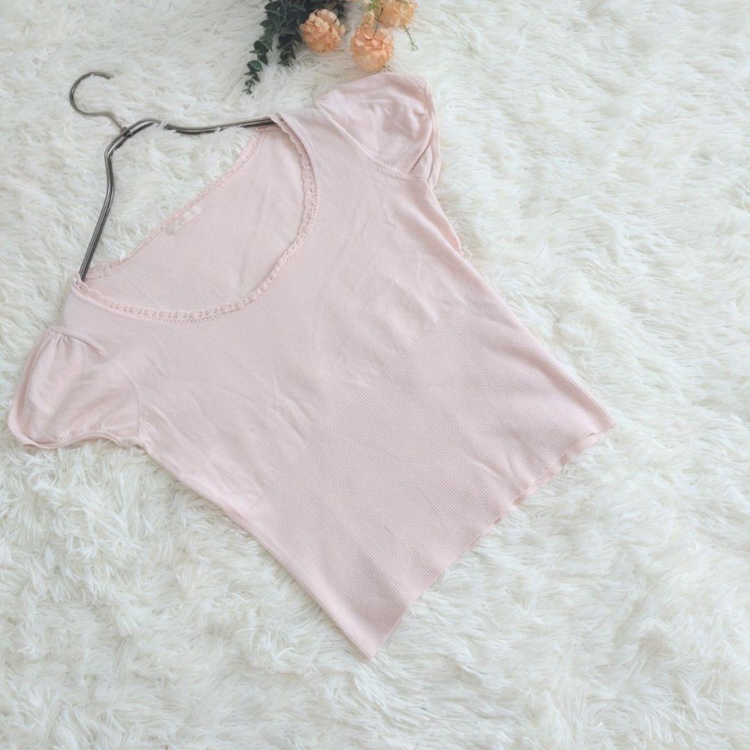 KF129 ef-de ef-de [S~M] summer knitted cut and sewn tops short sleeves pink peach 