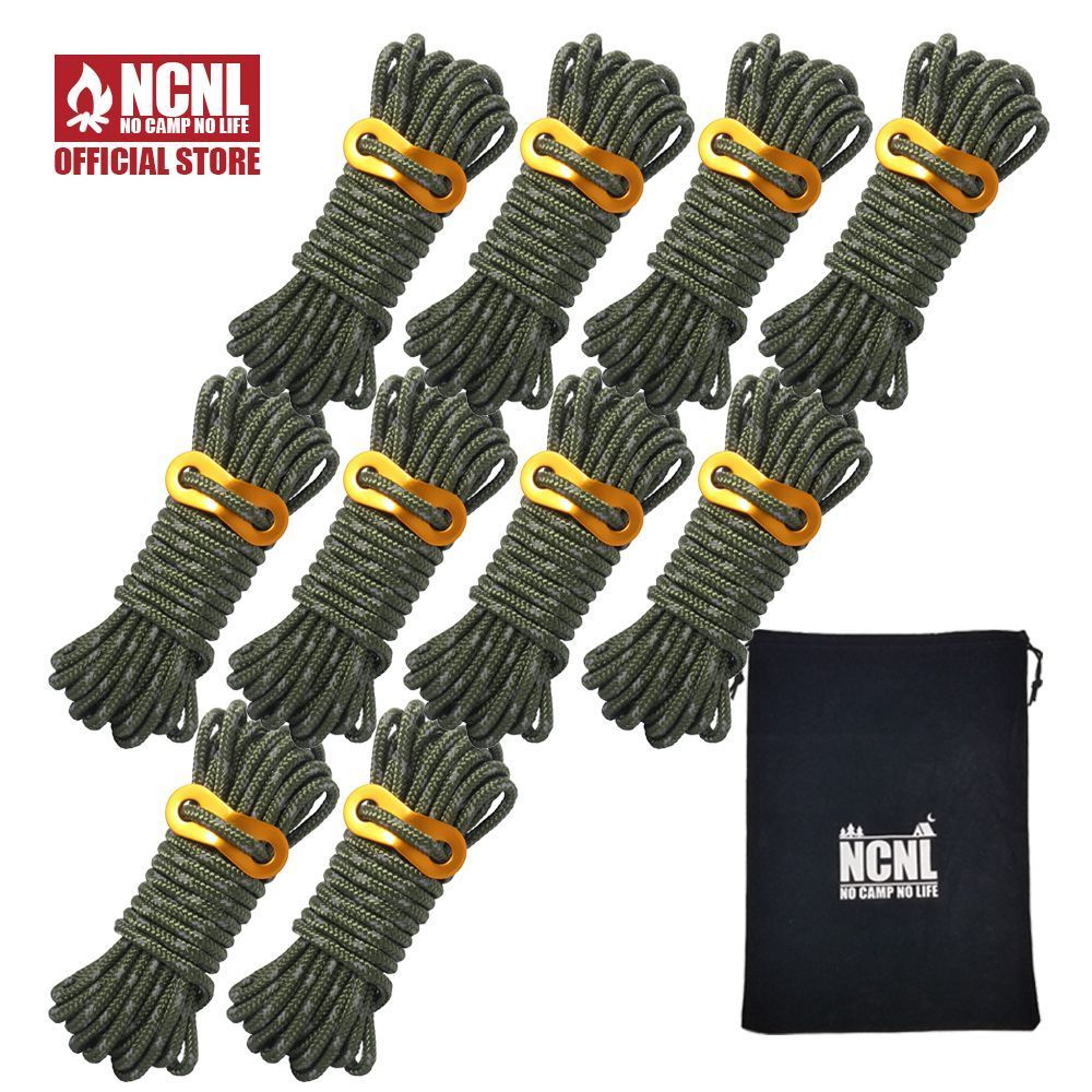 NCNLpala code olive 10 pcs set tent rope tarp rope gai rope withstand load 430kg 5mm 4m camp free metal fittings storage sack attaching 