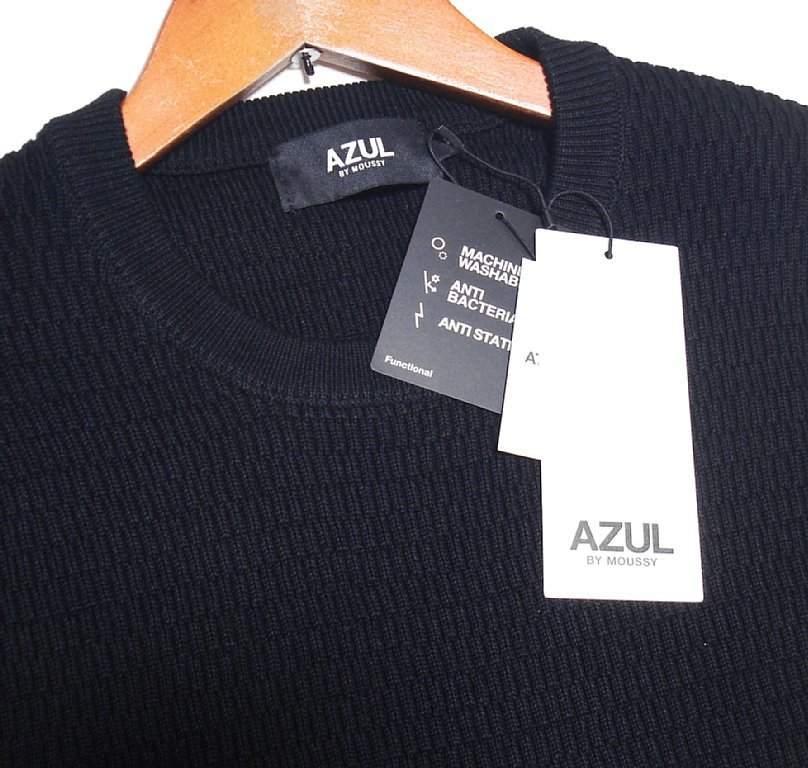 新品! アズールバイマウジー ハニカム編み クルーネック ニット ブラック (S) ☆ AZUL BY MOUSSY メンズ 細身 洗濯機可 セーター 黒 秋冬_色について…少し明るめに写っています