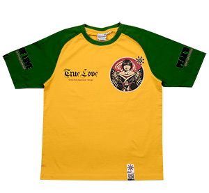 PEAK'D YELLOW(ピークドイエロー)半袖Tシャツ「バイク」 山吹色/グリーン(A.GOLD/GREEN) 44インチ(XLサイズ) PYT-215 エフ商会/テッドマン _正面