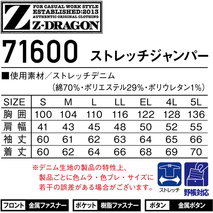 同梱可！　デニム上下セット　LL-85　《ジードラゴン、大人気の作業服！》　ストレッチ　作業着　自重堂　デグ　【　71600 ＆ 71602　】_画像5