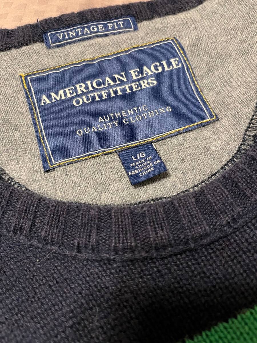 送料無料 メンズ L AMERICAN EAGLE セーター アメリカンイーグル 長袖 ニット ボーダー AE アメカジ 20年前 グリーン ネイビー 緑 紺 美品_画像2