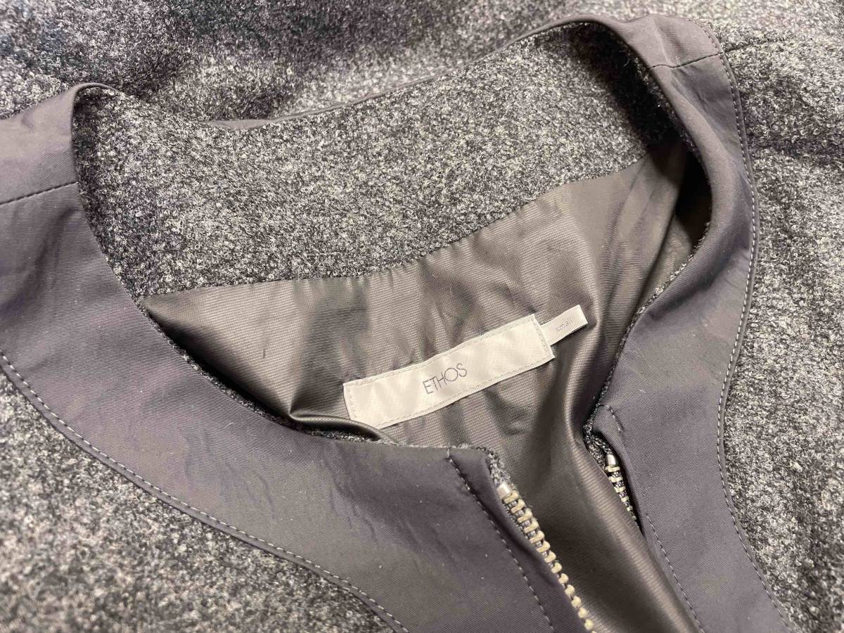 【ETHOS/エトス】No-Collar Zip Up Padded Coat sizeS ノーカラー ジップアップ パデッド コート ウール ジャケット ユニセックス 日本製_画像9