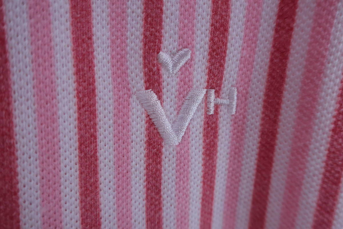 【美品】VIVA HEART(ビバハート) ポロシャツ ピンク白赤ストライプ レディース 44 ゴルフウェア 2310-0209 中古_画像2