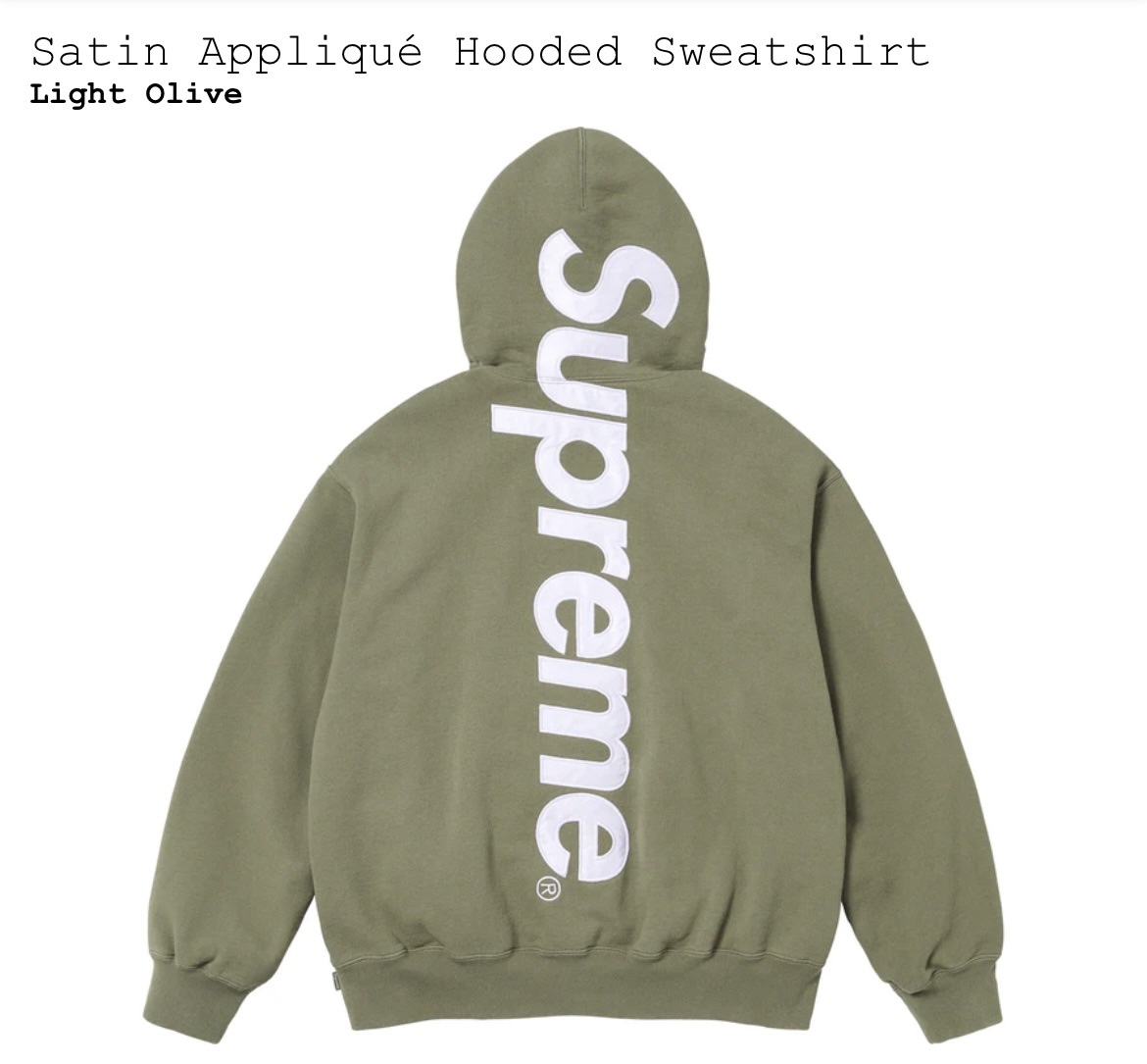 Mサイズ 新品国内正規 23aw Supreme Satin Appliqu Hooded Sweatshirt Light Olive シュプリーム サテン アップリケ パーカー オリーブ_画像1