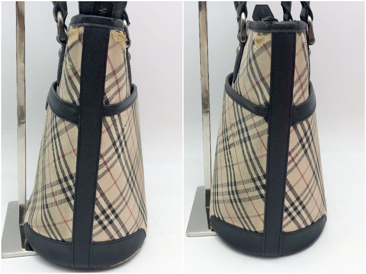 11652140　▽ BURBERRY バーバリー トートバッグ ノバチェック 肩掛け シルバー金具 バケツ型 レザー PVC 黒 ブラック ベージュ 中古品_画像3