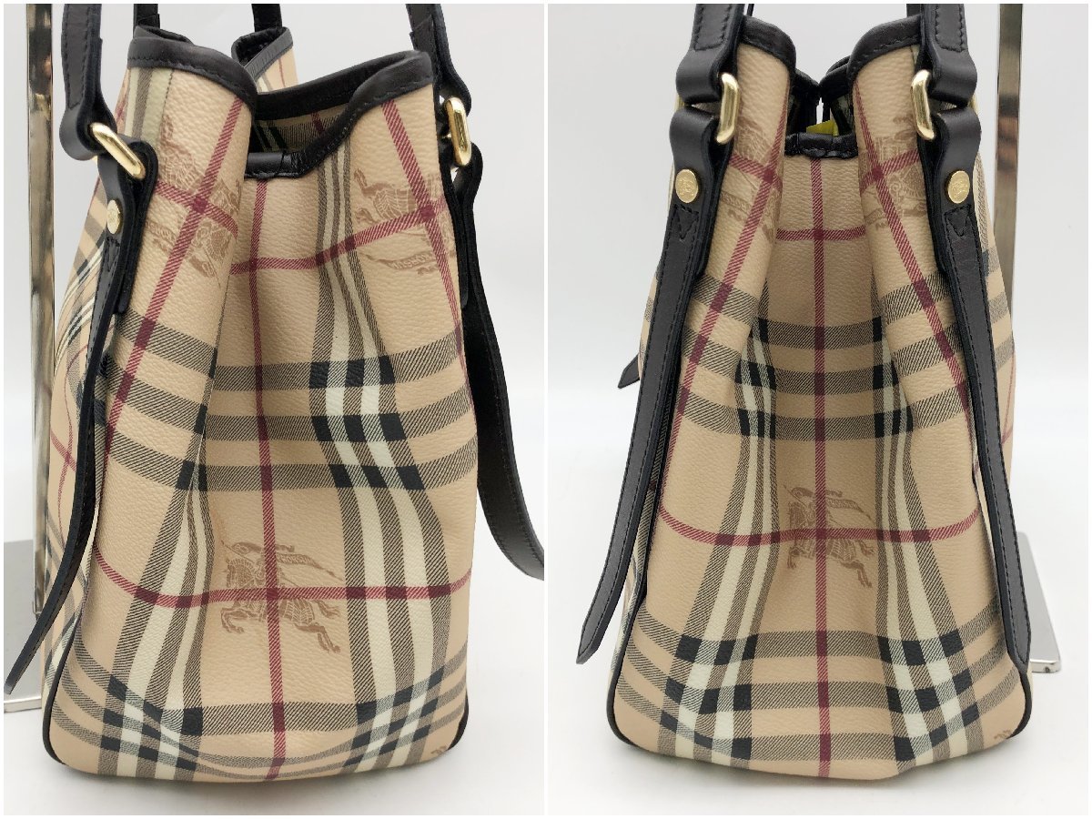 11332873　 ▽ BURBERRY バーバリー レザー ノバチェック柄 トートバッグ ハンドバッグ ショルダー 肩掛け レディース ベージュ系 中古品_画像4