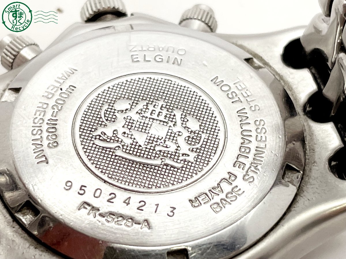 11284155　＃ ELGIN エルジン FK-528-A クォーツ QZ 3針 クロノグラフ 腕時計 黒文字盤 ブラック 純正ベルト シルバー ヴィンテージ_画像7