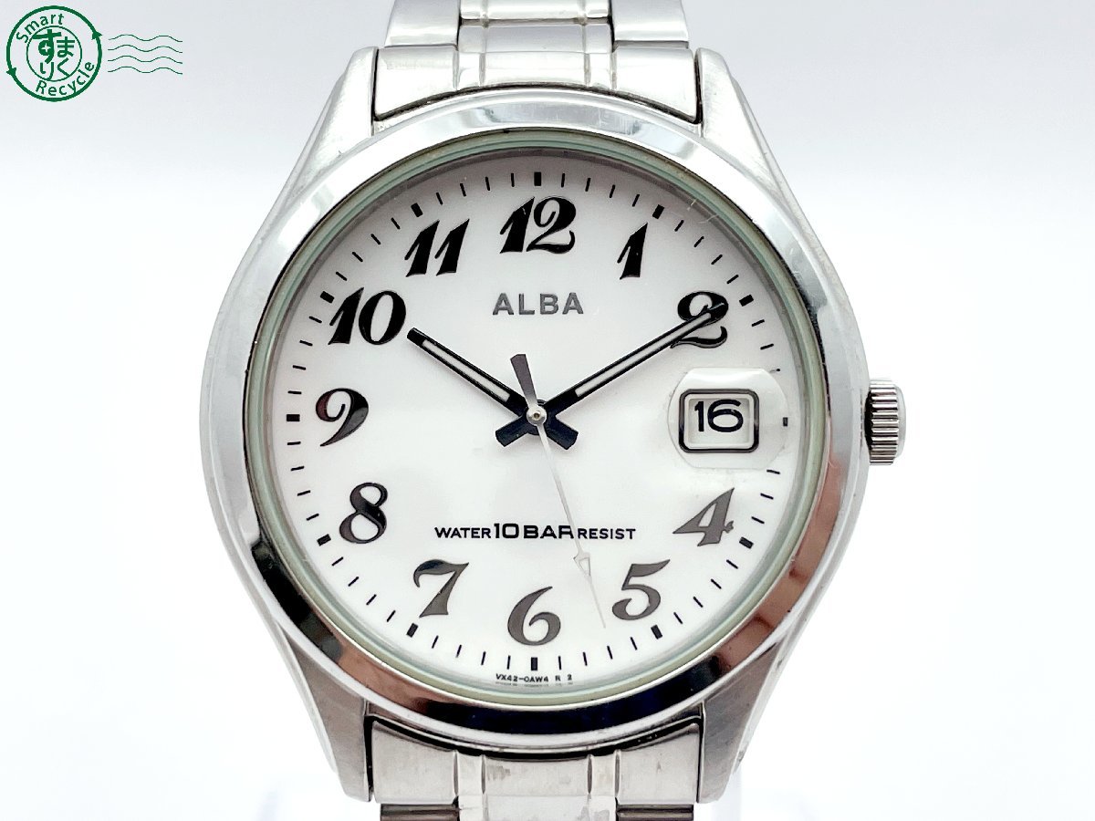 11284130　＃ SEIKO セイコー ALBA アルバ VX42-0AH0 クォーツ QZ 3針 デイト 腕時計 白文字盤 ホワイト 純正ベルト ヴィンテージ_画像1